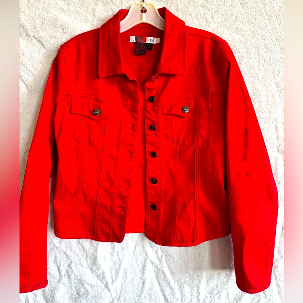 Bright red stretch denim jacket, size S